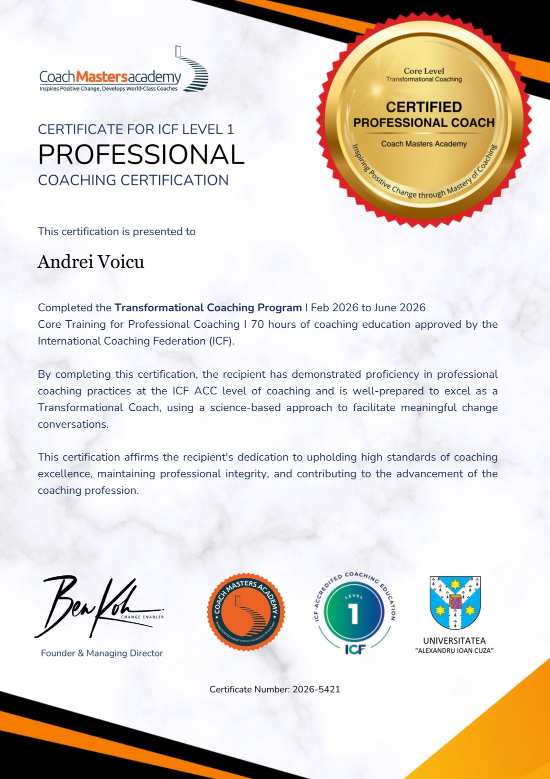 ICF Level 1 Accredited Training certificate